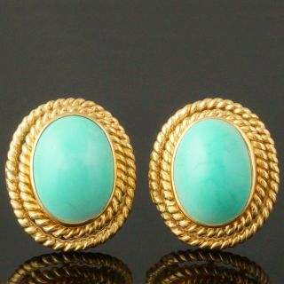 Etruscan Solid 18k Yellow Gold & Turquoise Cabochon Twisted Rope Estate Earrings