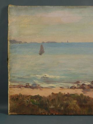 LEWIS H MEAKIN Seascape Oil Painting Sailboat & Rocky Shoreline Mass Ohio Artist 6