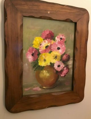 Vintage Mid Century Pink & Yellow Anemones Flowers Oil Painting Signed & Framed