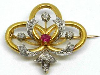 French Art Nouveau 18k Gold With Diamonds And Ruby Brooch