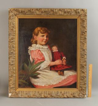 C1900 Antique George F Harris American Portrait Oil Painting,  Young Girl W/ Doll