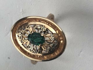 Unique Vintage Estate 14 K Rose Gold Emerald Diamond Ring 7.  5