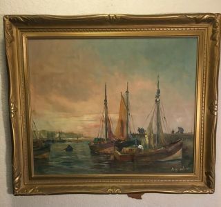 Antique Painting A.  Bodson Oil On Canvas Listed Artist Harbor Scenery