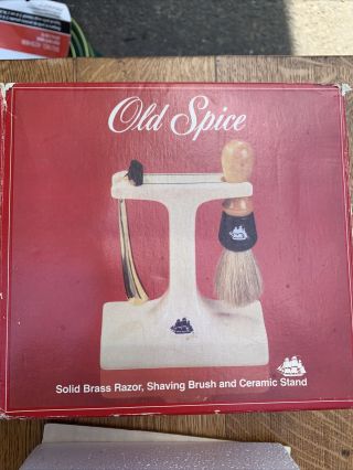 Old Spice Solid Brass Razor.  Brush,  And Ceramic Stand Kit Nib