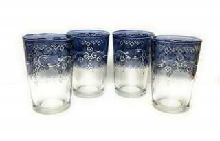 Vintage L.  E.  Smith Set Of 4 Small Juice Drinking Glasses Blue W Silver