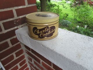 Vintage Charles Cookies Tin Can Advertising Primitive Decor Mussers Potato Chips