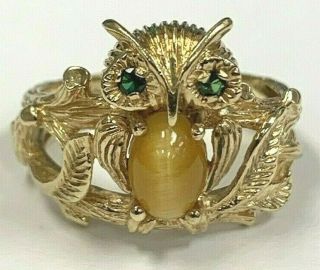 Vintage 10k Gold Owl Ring Tiger 