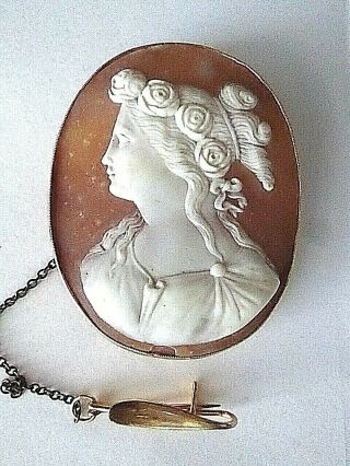 Antique Victorian Art Nouveau Lady 14k Gold Large Italy Shell Cameo Pin,  2.  2 "
