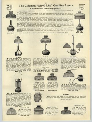 1916 Paper Ad Coleman Air - O - Lite Gas Gasoline Lamps Chandelier Lantern Shades