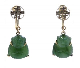 Vintage Old Chinese Carved Green Jade Buddha 14k Gold Non - Pierce Dangle Earrings
