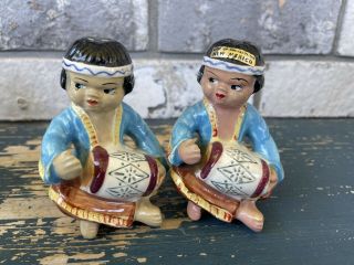 Vintage Drum Playing Native Indian Children Salt And Pepper Shakers