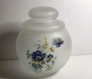 Vintage Satin Glass Round Jar With Hand Painted Blue Flowers Lidded
