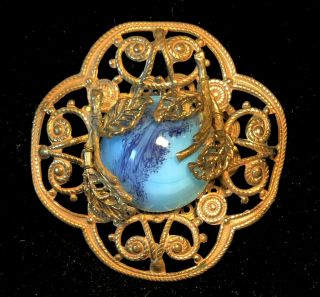 Miriam Haskell Rare Vintage 2 " Signed Gilt Blue Art Glass Brooch Pin A54