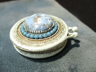 White Enamel Metal Pill Ring Box Blue / Gold Murano Glass Cabochon & Beads Top