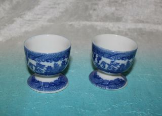 Vintage Pair (2) Blue & White Porcelain Egg Cups Countryside Trees 2 Inch Japan