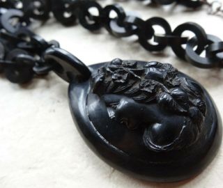 Antique Victorian Whitby Jet Cameo Pendant Vulcanite Chain Necklace - X149