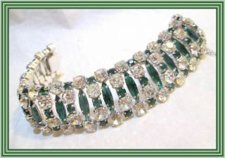 Sherman Emerald Green & Clear - 1 " Wd Openwork Cluster Motif Bracelet Nr