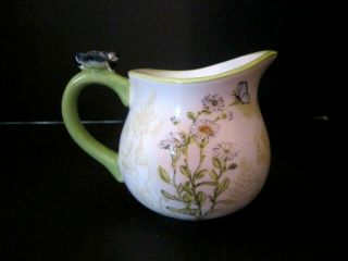Kate Williams Global Design Ceramic Pitcher Creamer.  Flowers & Butterfly Handle