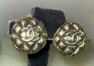 Vintage Chanel Earrings Clip Quilted Pattern With Logo Medium Size France