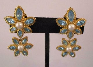 Vtg Signed Authentic Christian Dior Blue Topaz Pearl Rhinestone Earrings Clip On