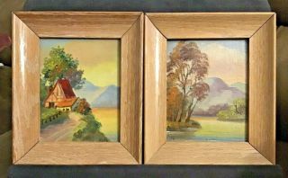 Set Of 2 Carl Roth Small Signed Oil Paintings Framed Landscape Cottage