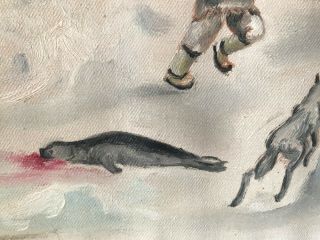 Inuit Very Rare Robert Mayokok Oil Painting On Canvas.  Signed.  Polar Bear Attack