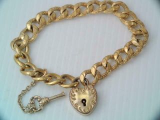 Antique Victorian Heavy Gold Filled Charm Bracelet W Lock & Key Clasp