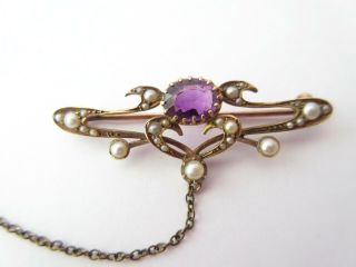 Antique 1900s Art Nouveau Pearl & Faceted Oval Amethyst 15k Rose Gold Brooch Pin