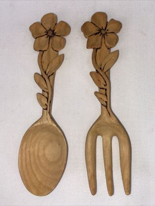 Hand Carved Wood Spoon And Fork Flower Handles Salad Set 8”
