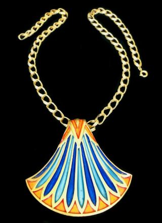 Trifari Vintage Egyptian Revival Blue & Orange Enamel Pendant Necklace Rare