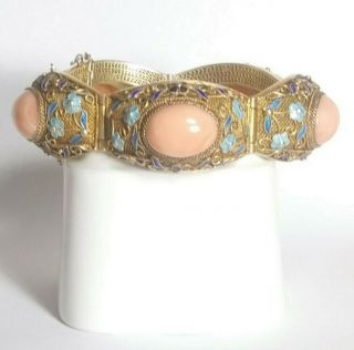 Antique Chinese Chunky Pink Coral Enamel Sterling Silver Filigree Bracelet