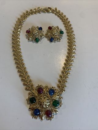 Rare Trifari Jewels Of India Alfred Philippe Cabochon Gold Necklace & Earrings