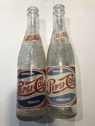2 Different Vintage Pepsi Cola U.  K Red,  White & Blue Soda Glass Bottles