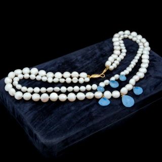 Antique Vintage Deco Retro 14k Gold Chalcedony Pearl Two Strand Beaded Necklace