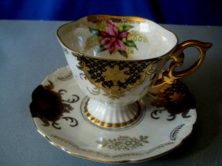 Tea Cup Saucer Vintage Set Royal Halsey Teacup Footed Orchid Black Iridescent
