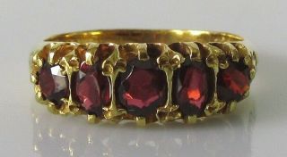 Gold Garnet Ring - Vintage 9ct Yellow Gold Garnet 5 Stone Ring Size P