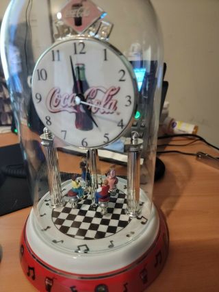 2002 COCA COLA ANNIVERSARY CLOCK WITH GLASS DOME AND ROTATING PENDULUM DINER 2