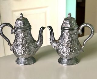 Vintage Silver Tea Pot Shaped Salt & Pepper Shakers Floral Pattern