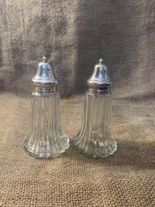 Vintage Large Salt & Pepper Shakers Silver Tone Top Clear Crystal Glass Bottom