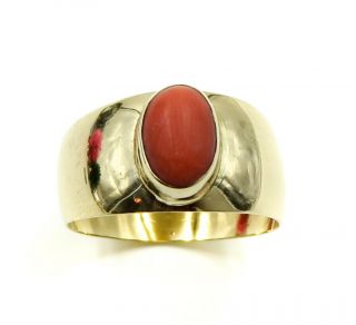 Antique Cabochon Cut Red Coral 18k Yellow Gold Wide Band Ring Size 7.  5