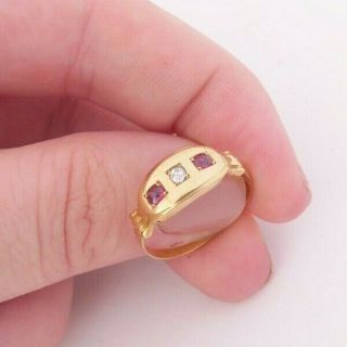18ct Gold Ruby Diamond Ring,  3 Stone Victorian 1886