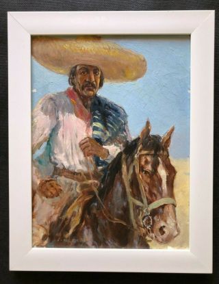 Signed Paul Ashbrook,  Mexican Man On Horse Wearing Sombrero,  Framed Oil On Board
