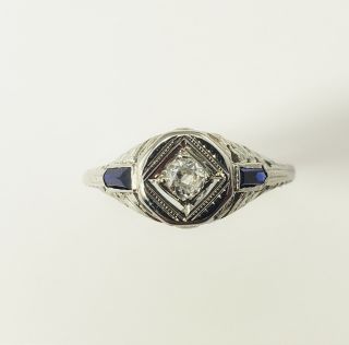 Vintage 18 Karat White Gold Filigree Diamond And Sapphire Ring Size 5.  5 9216