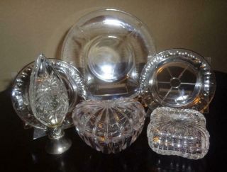 Vintage Decorative Vanity Items " 6 Clear Glass & Crystal Items "