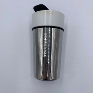 Starbucks Metallic Silver And White Ceramic Travel Tumbler Mug Lid 12 Oz Euc