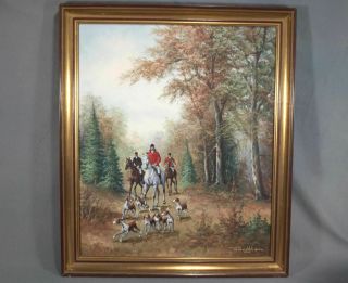 Fox Hunting Scene Vintage Oil Painting On Canvas 20 " By 24 "
