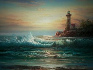 M Andrea Oil Painting Signed Seascape Lighthouse Sunset Waves Crashing