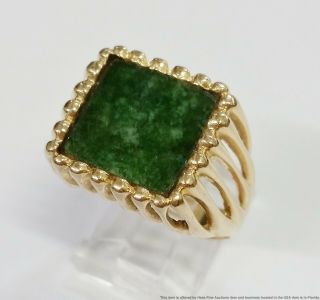 Vintage 14k Yellow Gold Chunky Mid - Century Retro Spinach Jade Modern Mens Ring