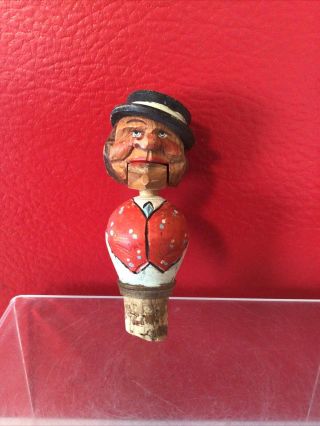 Vintage Carved Wood Figural Bottle Cork Stopper,  Mechanical Puppet Mouth