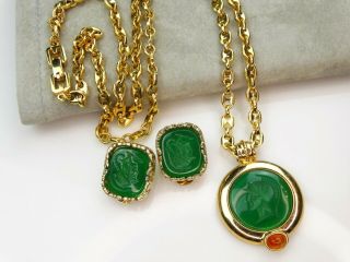 Givenchy Kafin Vtg Green Glass Intaglio Roman Coin Gripoix Necklace Earrings Set